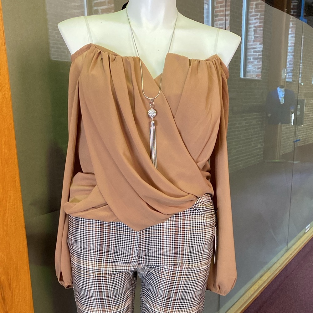 Tan off shoulder ruched blouse